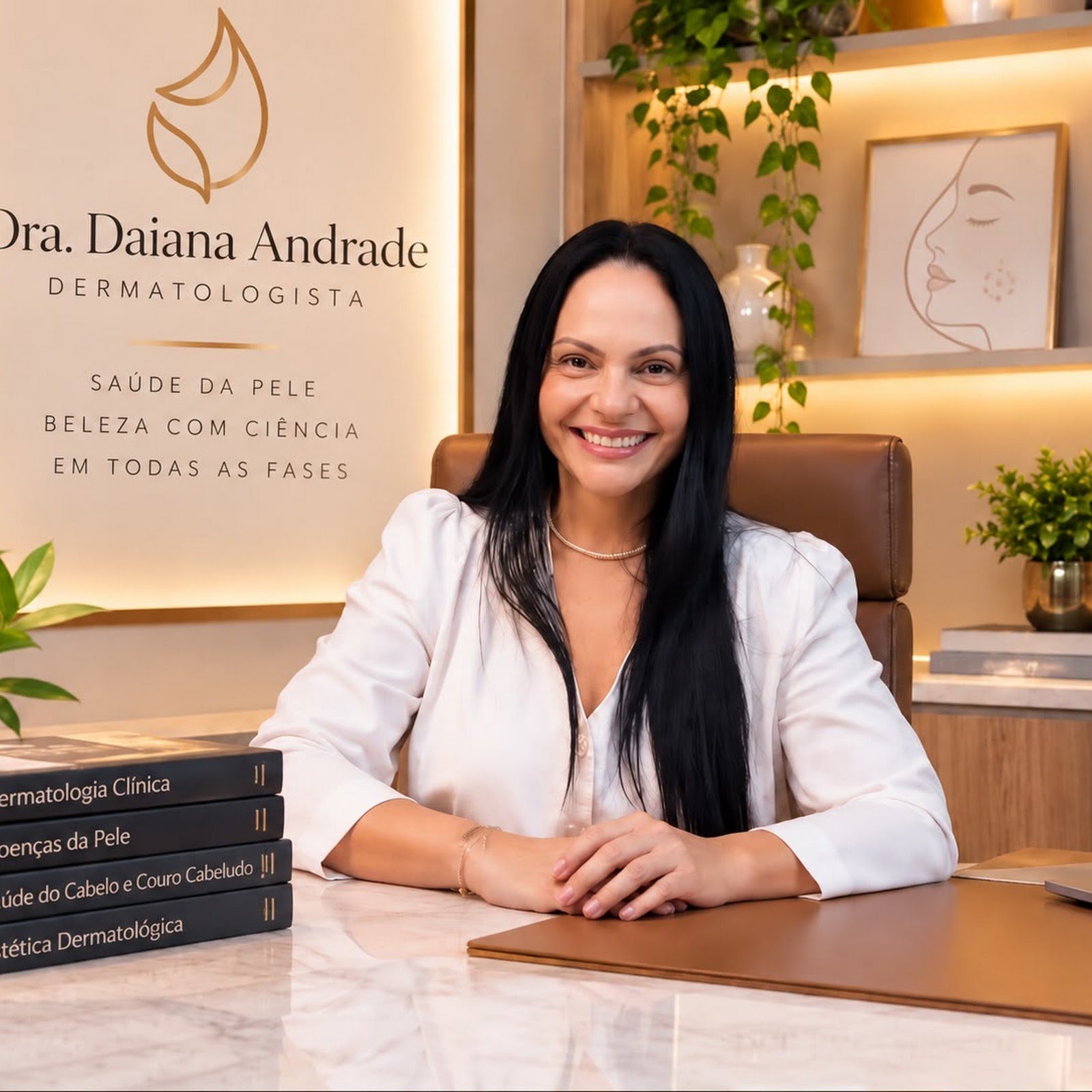 Dra. Daiana Andrade sentada à mesa do consultório, com o letreiro do nome dela na parede e livros de dermatologia sobre a mesa